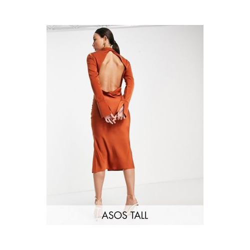 Атласное платье-рубашка миди со свободным вырезом на спине ASOS DESIGN Tall-Оранжевый цвет