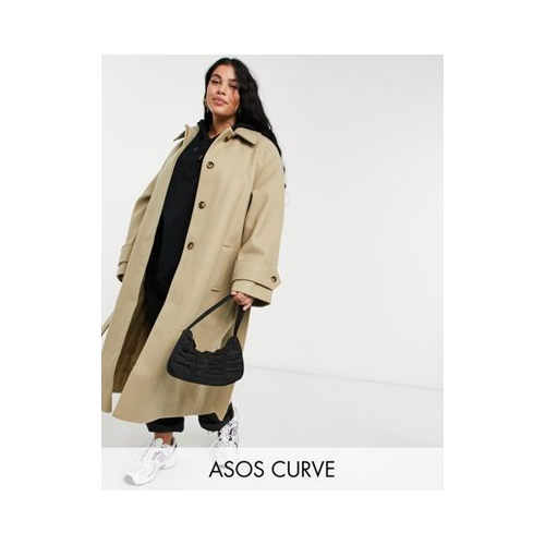 Бежевое пальто с поясом ASOS DESIGN Curve-Коричневый цвет