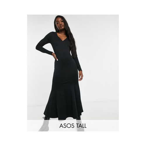Черное облегающее платье миди с юбкой годе и V-образным вырезом ASOS DESIGN Tall-Черный цвет