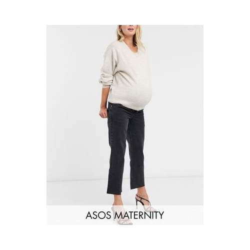 Черные расклешенные укороченные эластичные джинсы с завышенной талией с поясом над животом ASOS DESIGN Maternity