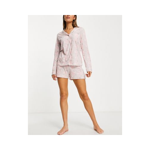 Пижамный комплект с шортами и рубашкой на пуговицах в серо-розовую клетку Original Penguin-Розовый цвет