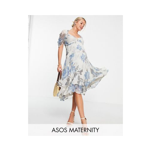 Платье миди с цветочным принтом, чашечками со сборками и драпированными рукавами ASOS DESIGN Maternity Разноцветный