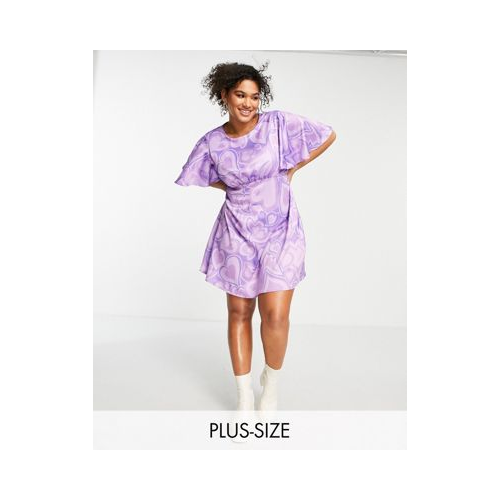 Платье мини с расклешенными рукавами и сплошным принтом сердечек Twisted Wunder Plus-Фиолетовый цвет