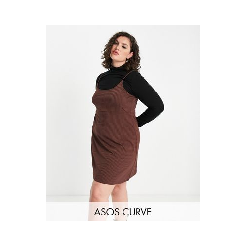 Платье-комбинация мини «2 в 1» с длинными рукавами и отворачивающимся воротником в черном и коричневом цвете ASOS DESIGN Curve-Коричневый
