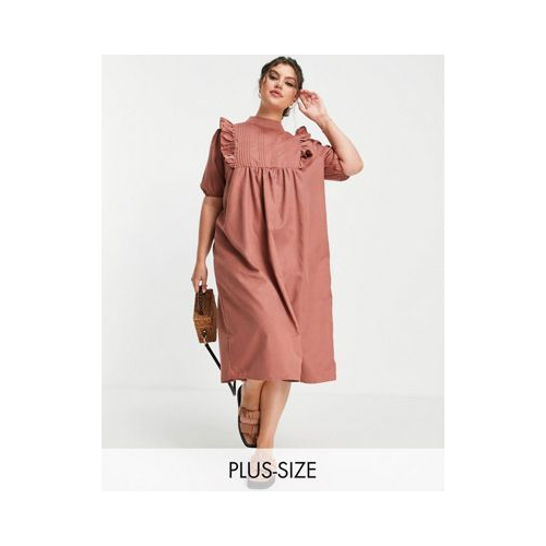 Платье-рубашка с короткими рукавами и оборками припудренно-розового цвета Lola May Plus-Розовый