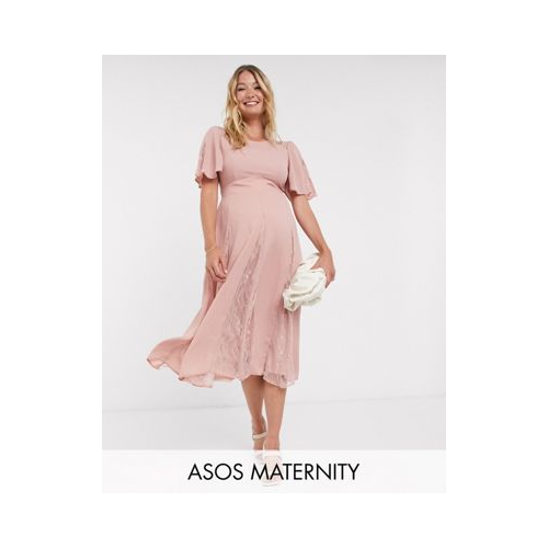 Платье миди с кружевными вставками ASOS DESIGN Maternity-Розовый цвет