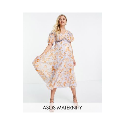 Плиссированное платье миди со сборками, цветочным принтом и пышными рукавами ASOS DESIGN Maternity Разноцветный