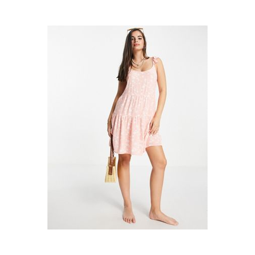 Пляжное платье мини кораллового цвета с оборками и мелким цветочным принтом New Look-Розовый