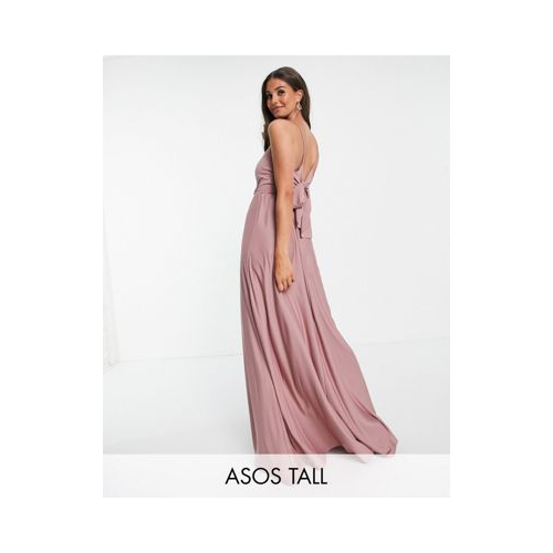 Розовое платье макси на бретельках с глубоким вырезом и завязкой на спинке ASOS DESIGN Tall-Розовый цвет