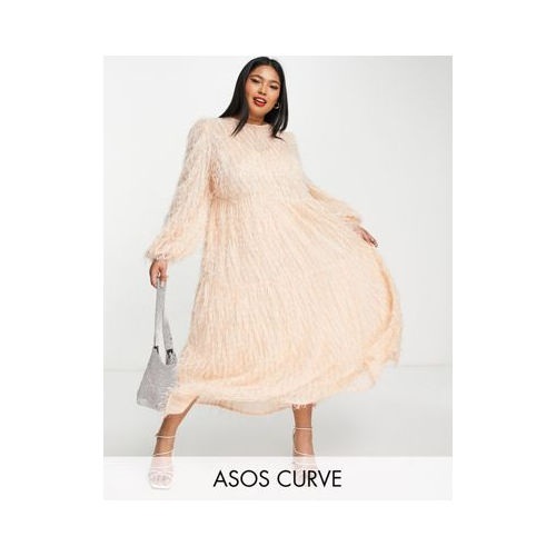 Розовое ярусное платье миди с пушистой фактурой ASOS DESIGN Curve-Розовый цвет